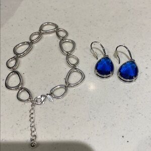 Elegant Silver Chain Bracelet & blue crystal stone earrings